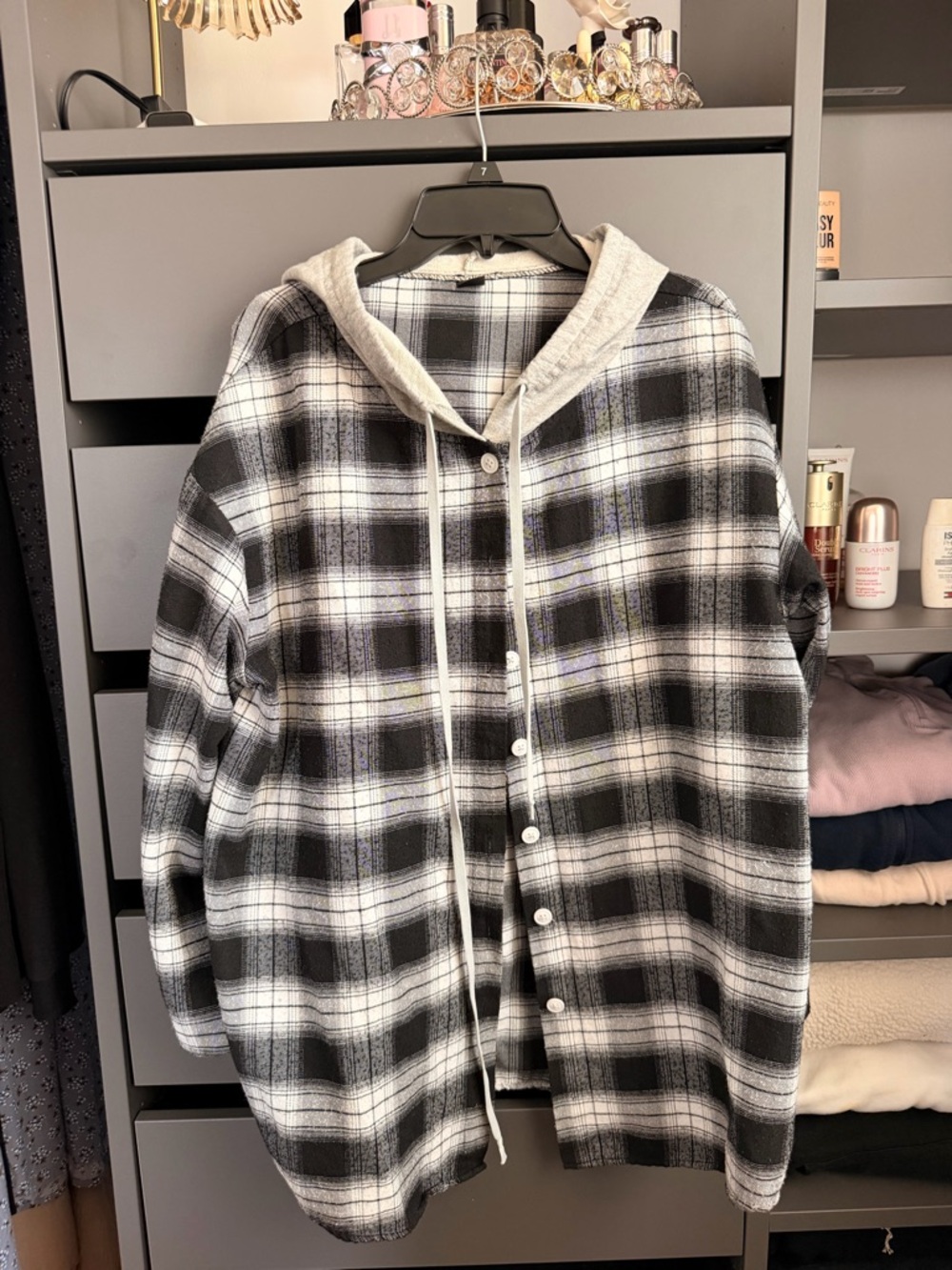 Black & White Plaid Hooded Button-Up Shirt